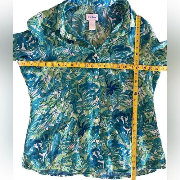 Vicki Wayne tropical teal & green button down long sleeve sheer blouse sz 12 - Picture 4 of 7